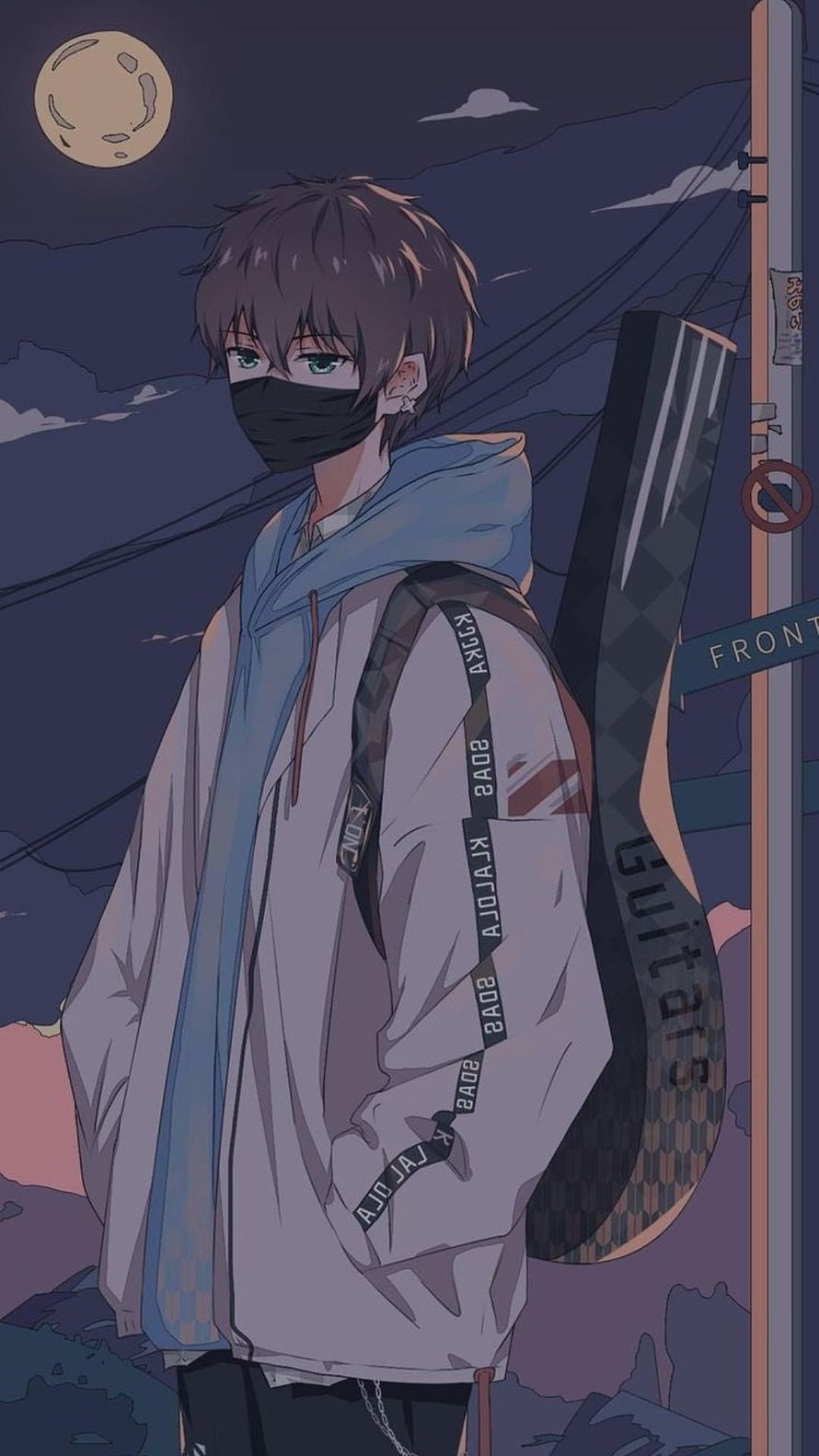 Anime Boy with Guitar Case and Face Mask Under Moonlight HD phone wallpaper