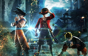 Jump Force Anime Crossover Featuring Goku, Luffy, and Naruto in a Destroyed City HD wallpaper