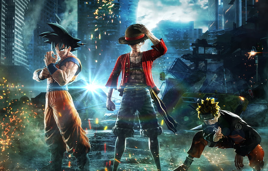 Jump Force Anime Crossover Featuring Goku, Luffy, and Naruto in a Destroyed City HD wallpaper