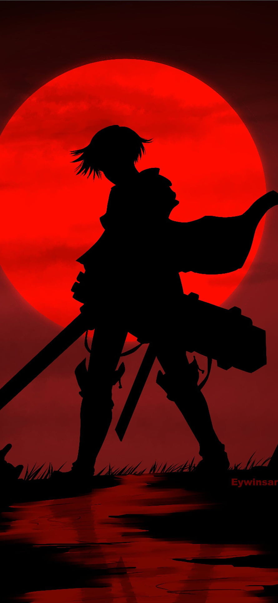 Attack on Titan Silhouette Warrior Standing Before a Massive Blood Red Moon HD phone wallpaper