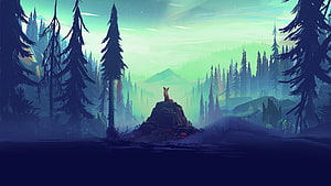 Stylized Fox Sitting on Rock in Misty Evergreen Forest at Dawn HD wallpaper