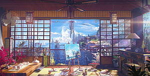 Cozy Anime Artist Studio Interior With Ocean View And Painting On Easel HD wallpaper