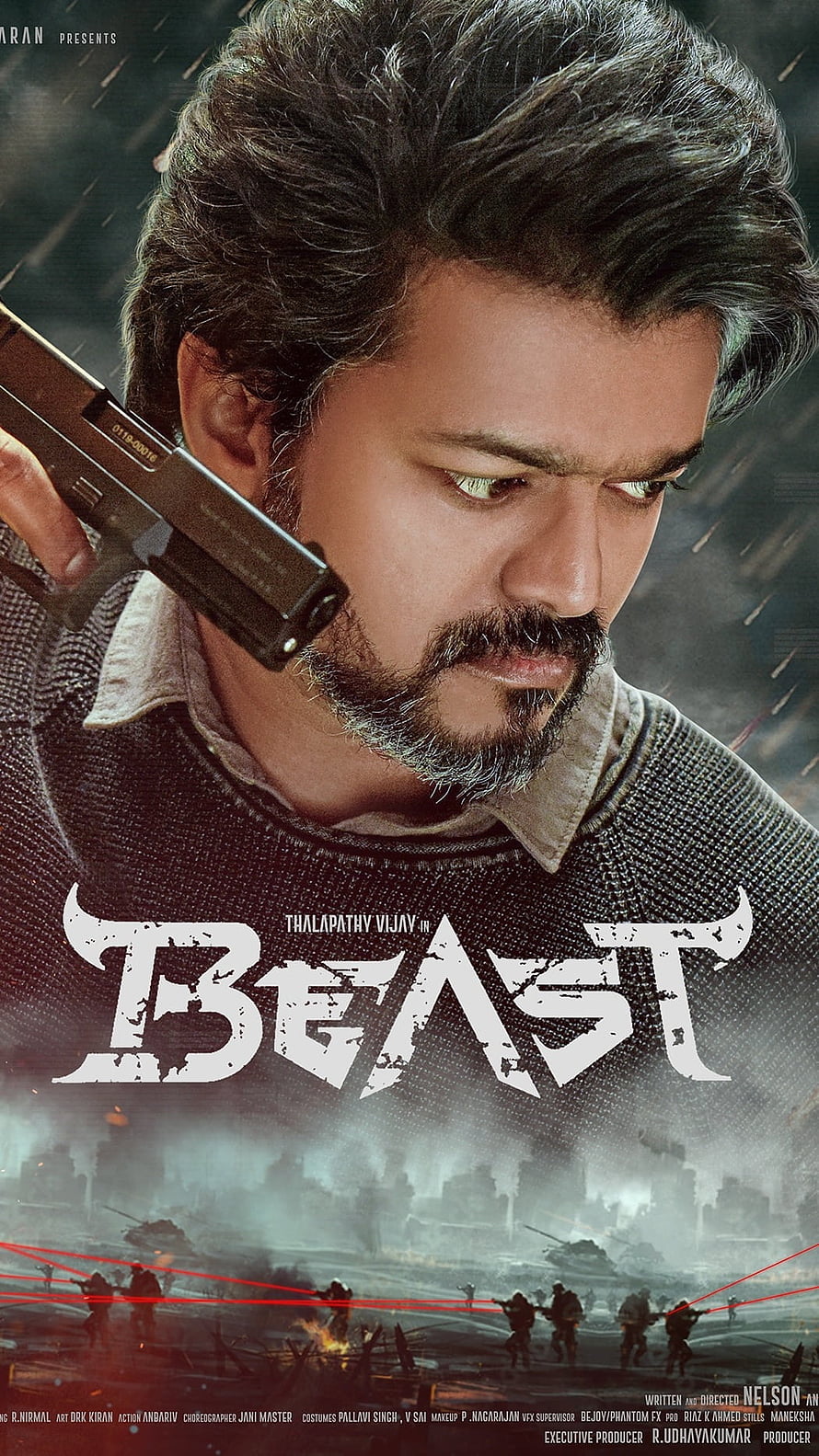 Thalapathy Vijay in Beast Movie Poster with Gun and Battlefield Scene HD phone wallpaper