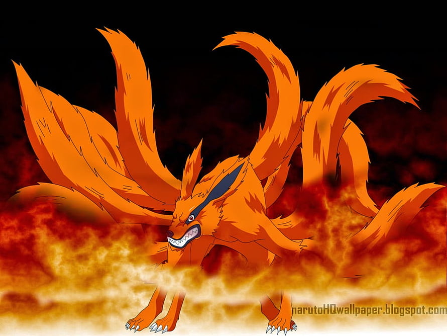 Kurama Nine-Tailed Fox from Naruto Shippuden Roaring in Flames HD wallpaper