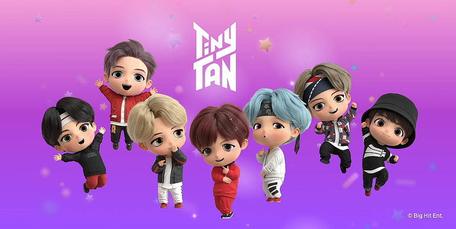 BTS Tiny Tan 3D Chibi Characters on Vibrant Purple Background HD wallpaper