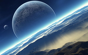 Dramatic alien planet horizon with glowing atmospheric rim and distant moon in deep space HD wallpaper