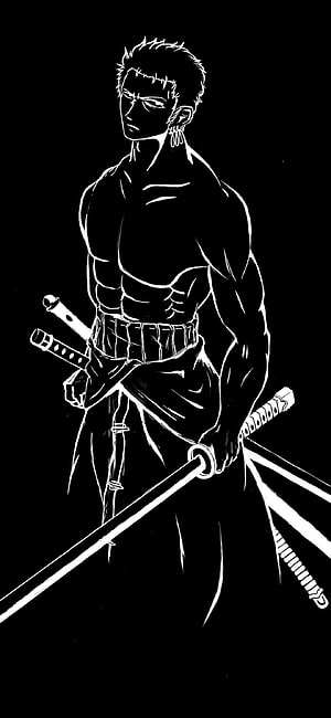 Roronoa Zoro from One Piece in a high-contrast black and white line art illustration HD phone wallpaper