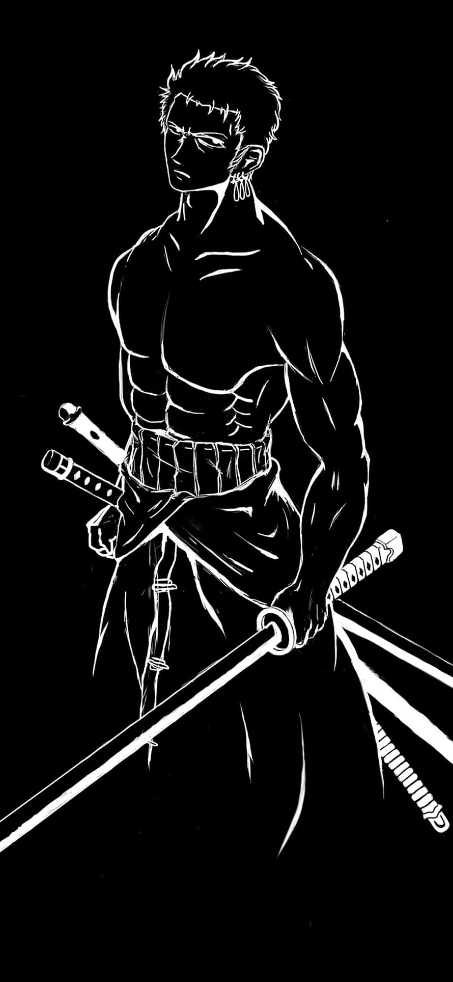 Roronoa Zoro from One Piece in a high-contrast black and white line art illustration HD phone wallpaper