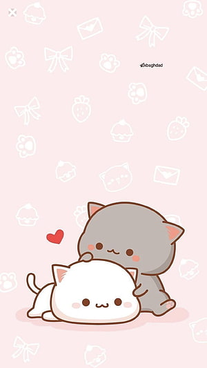 Kawaii Chibi Cats Cuddling on Soft Pink Background with Cute Pattern HD phone wallpaper