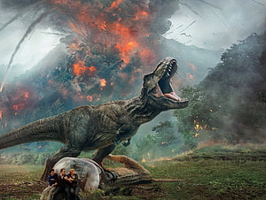 Tyrannosaurus Rex Roars Amidst Volcanic Eruption in Jurassic World Fallen Kingdom HD wallpaper