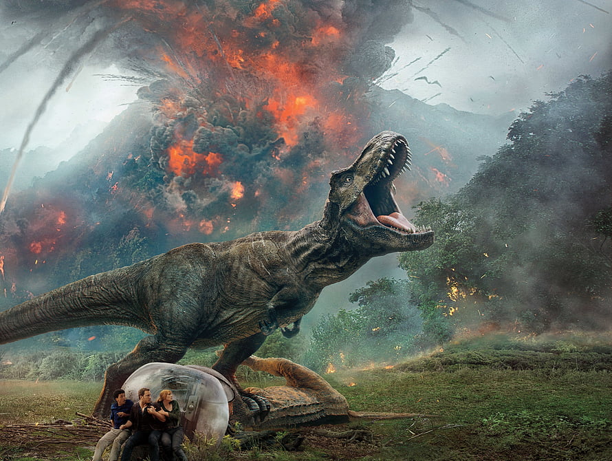 Tyrannosaurus Rex Roars Amidst Volcanic Eruption in Jurassic World Fallen Kingdom HD wallpaper