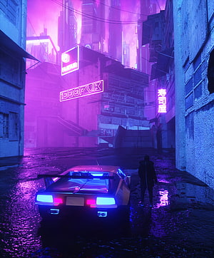 Cyberpunk Alleyway with Retro Sports Car and Neon Signs in Purple Haze HD phone wallpaper