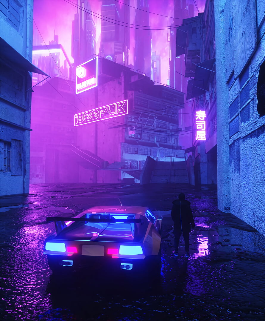 Cyberpunk Alleyway with Retro Sports Car and Neon Signs in Purple Haze HD phone wallpaper