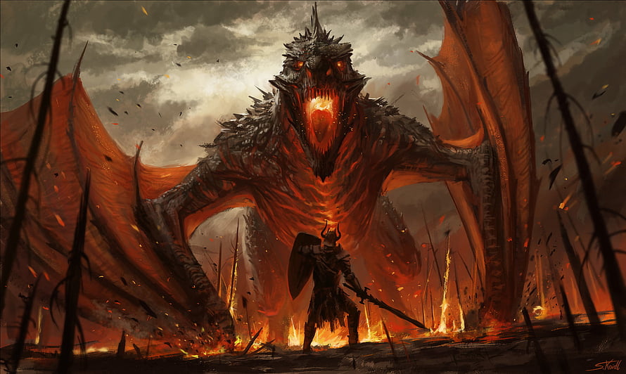 Epic Fantasy Dragon and Warrior Confrontation in a Burning Wasteland HD wallpaper