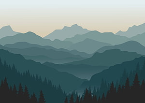 Layered Misty Mountain Silhouettes with Pine Forest in Soft Dawn Light HD wallpaper