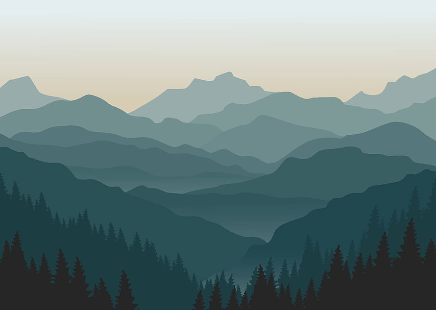 Layered Misty Mountain Silhouettes with Pine Forest in Soft Dawn Light HD wallpaper