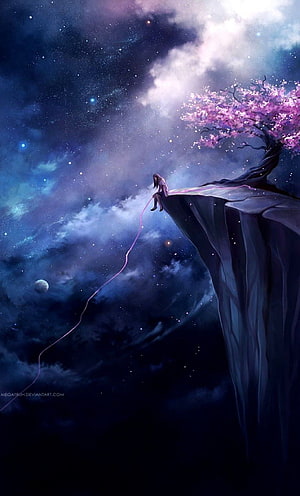 Lonely Girl Sitting on Floating Cliff Under Starry Night Sky with Cherry Blossom Tree HD phone wallpaper