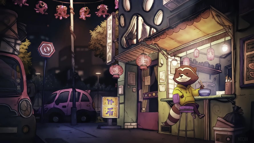Cozy Raccoon Eating Ramen at a Nighttime Street Food Stall in a Stylized Urban Setting HD wallpaper