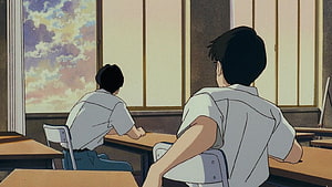 Two Students Gazing Out the Window in a Nostalgic Classroom Scene from Ocean Waves HD wallpaper