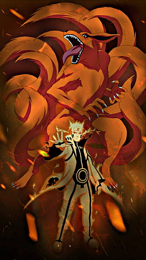 Naruto Sage Mode with Kurama Nine-Tails Fox Anime Artwork HD phone wallpaper