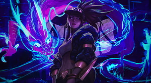 Akali from League of Legends in a vibrant neon cyberpunk illustration with glowing blue and purple energy effects HD wallpaper