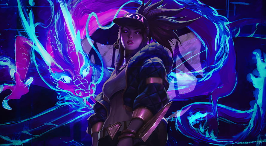 Akali from League of Legends in a vibrant neon cyberpunk illustration with glowing blue and purple energy effects HD wallpaper