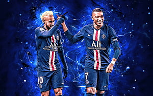 Neymar and Kylian Mbappe in Paris Saint-Germain kits celebrating with electric blue energy HD wallpaper