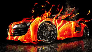 Flaming Sports Car Enveloped in Intense Fire on Dark Wet Surface HD wallpaper