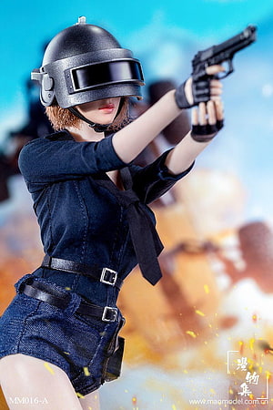 Female Soldier Action Figure in Tactical Helmet and Denim Outfit Aiming Pistol HD phone wallpaper