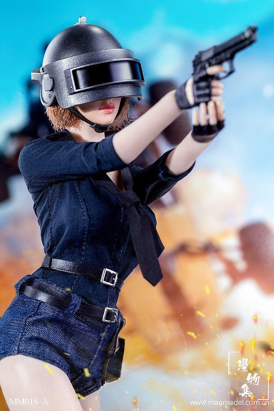 Female Soldier Action Figure in Tactical Helmet and Denim Outfit Aiming Pistol HD phone wallpaper