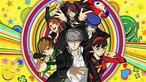 Persona 4 Golden Anime Cast Group Portrait With Vibrant Rainbow Background HD wallpaper