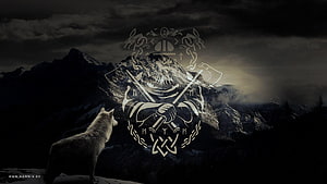 Norse Viking Shield Emblem with Runes and Wolf in Dark Mountain Landscape HD wallpaper
