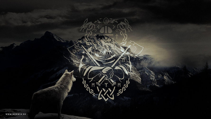 Norse Viking Shield Emblem with Runes and Wolf in Dark Mountain Landscape HD wallpaper