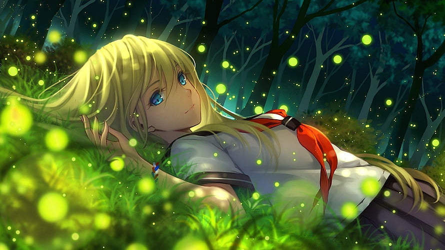 Blonde Anime Girl Lying in Glowing Grass with Fireflies in a Dark Forest HD wallpaper