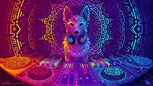 Psychedelic Wolf DJ with Headphones at Neon Turntables and Mixing Console HD wallpaper