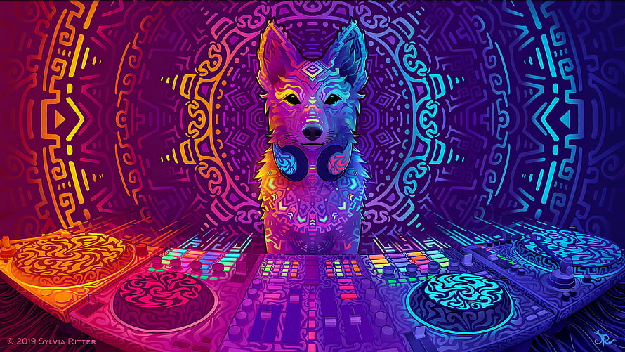 Psychedelic Wolf DJ with Headphones at Neon Turntables and Mixing Console HD wallpaper