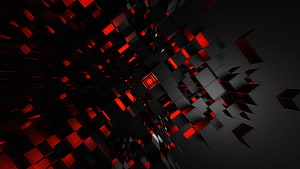 Abstract 3D Geometric Cube Tunnel with Glowing Red and Black Digital Art HD wallpaper