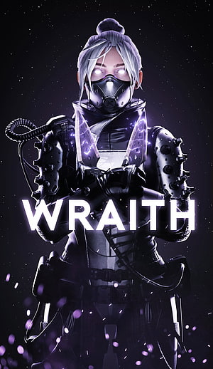 Wraith from Apex Legends in dark tactical armor with glowing eyes and purple energy effects HD phone wallpaper