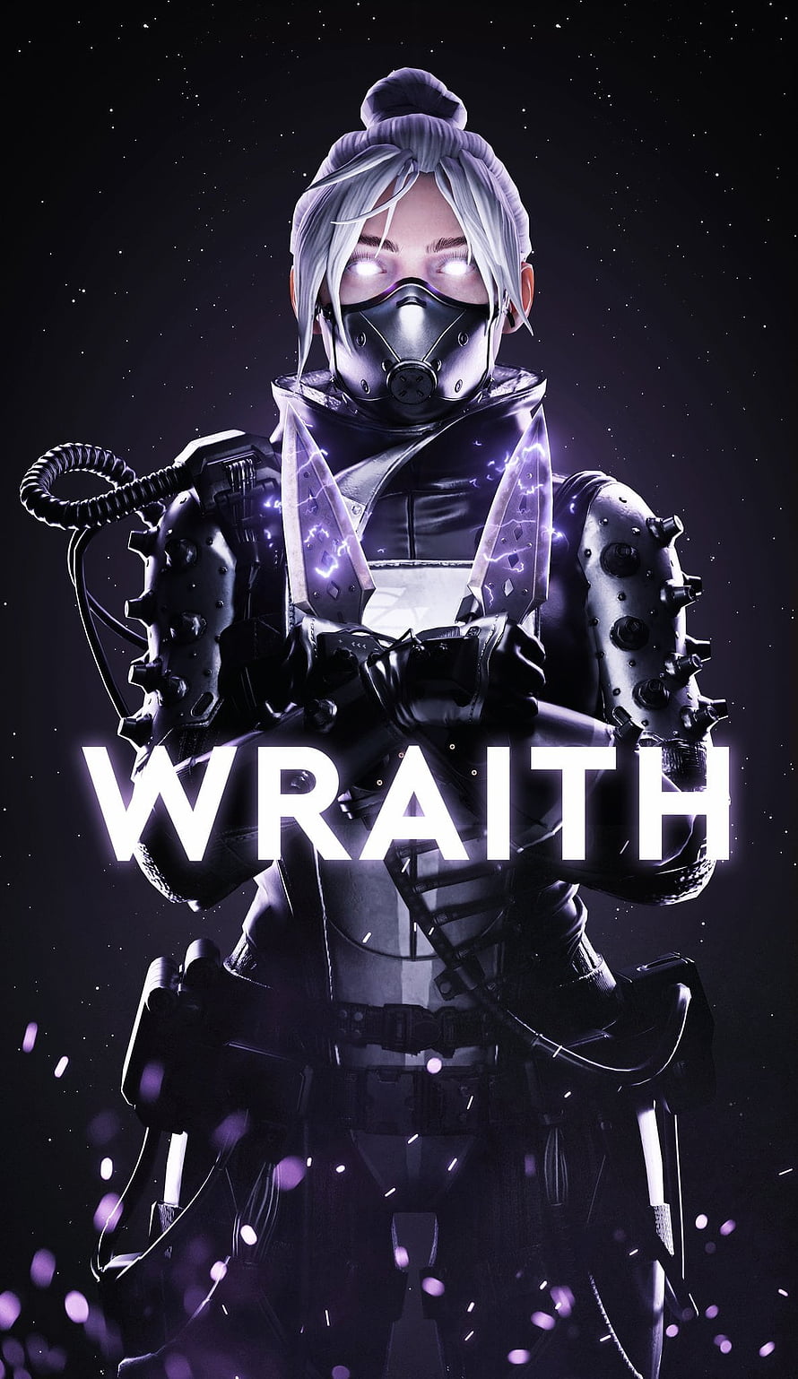 Wraith from Apex Legends in dark tactical armor with glowing eyes and purple energy effects HD phone wallpaper