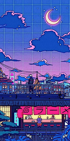 Naruto Ramen Shop Night Scene Vaporwave Anime Illustration HD phone wallpaper