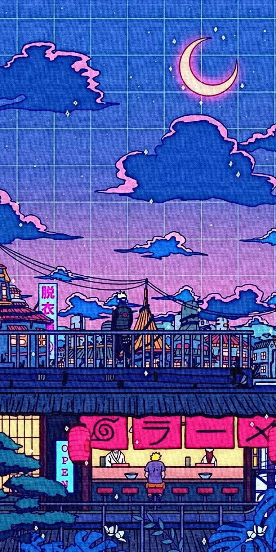 Naruto Ramen Shop Night Scene Vaporwave Anime Illustration HD phone wallpaper
