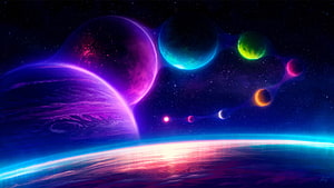 Vibrant Alien Planets and Nebulae in a Colorful Cosmic Space Scene HD wallpaper
