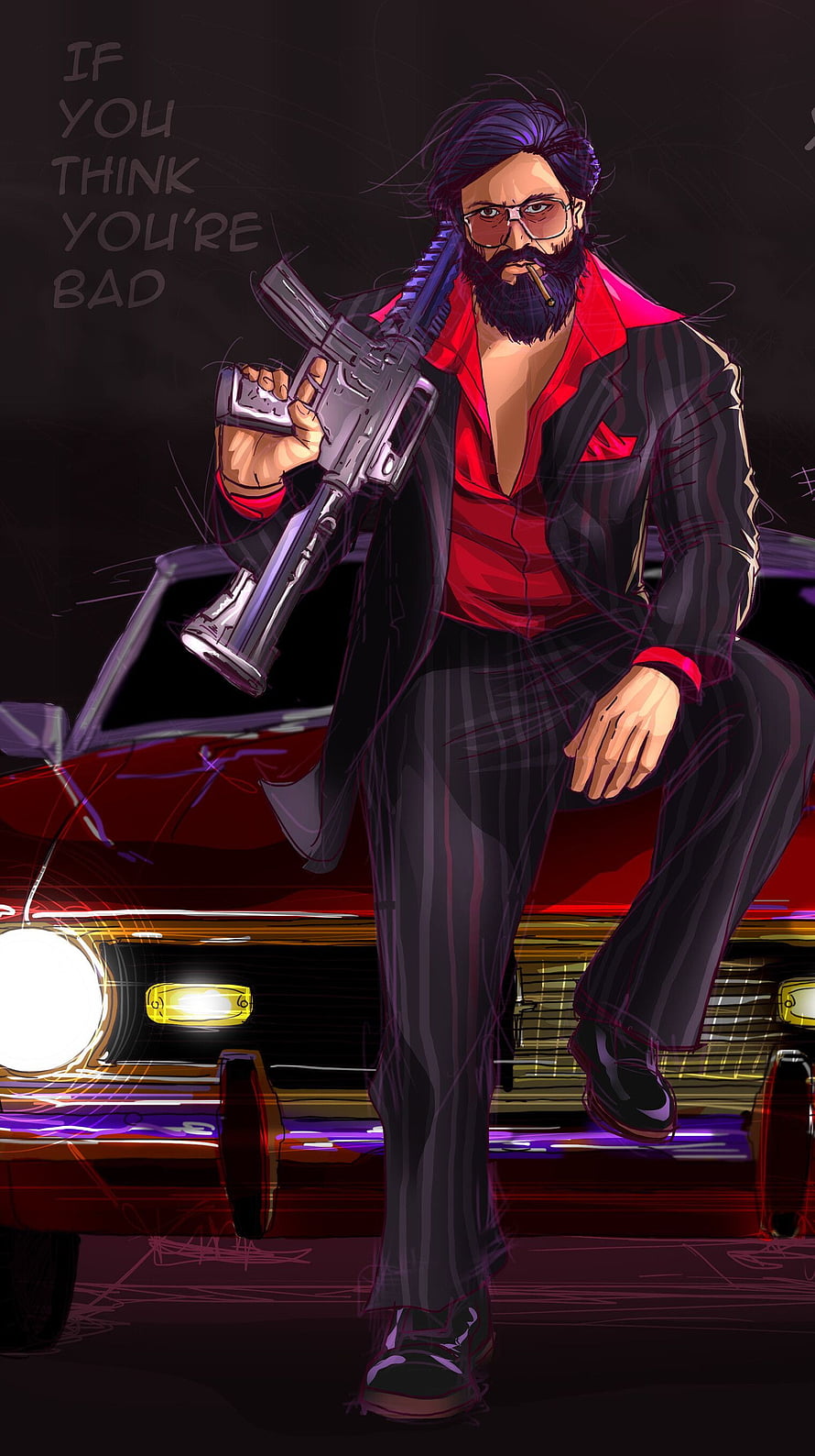 Rocky Bhai from KGF in a pinstripe suit holding a rifle beside a red car HD phone wallpaper