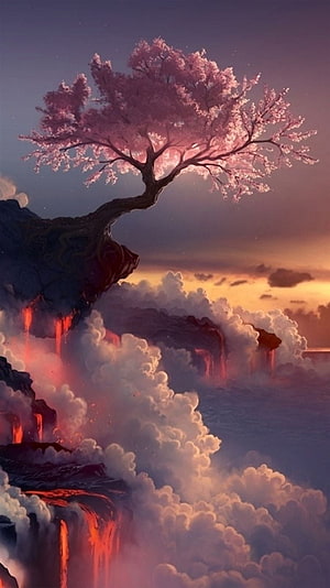 Fantasy Cherry Blossom Tree on Volcanic Cliff with Lava Waterfalls and Dramatic Sunset Sky HD phone wallpaper