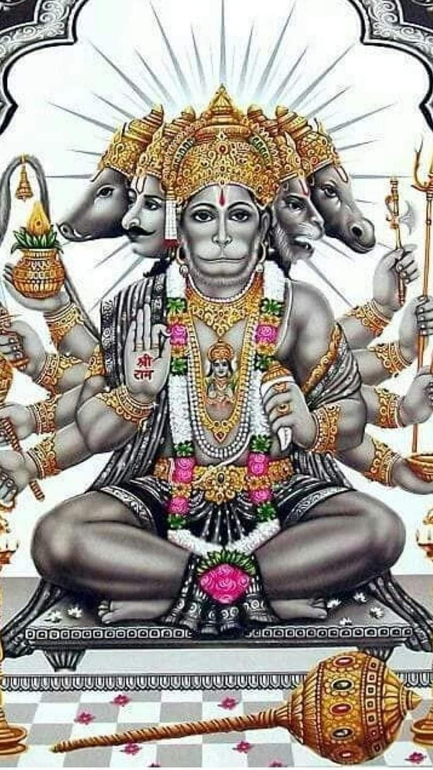 Panchmukhi Hanuman Five-Faced Divine Deity Illustration with Golden Crown and Sacred Symbols HD phone wallpaper