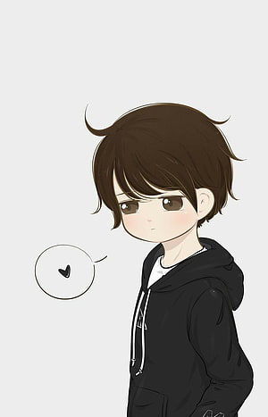 Cute Chibi Anime Boy in Black Hoodie with Heart Speech Bubble HD phone wallpaper