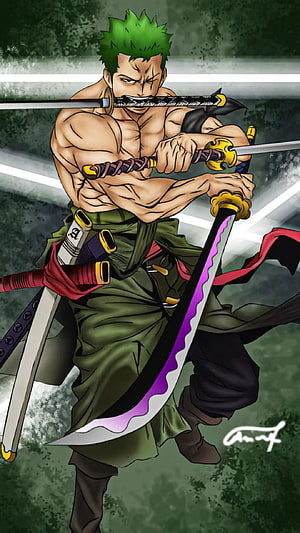 Roronoa Zoro Three-Sword Style Battle Pose Anime Illustration HD phone wallpaper