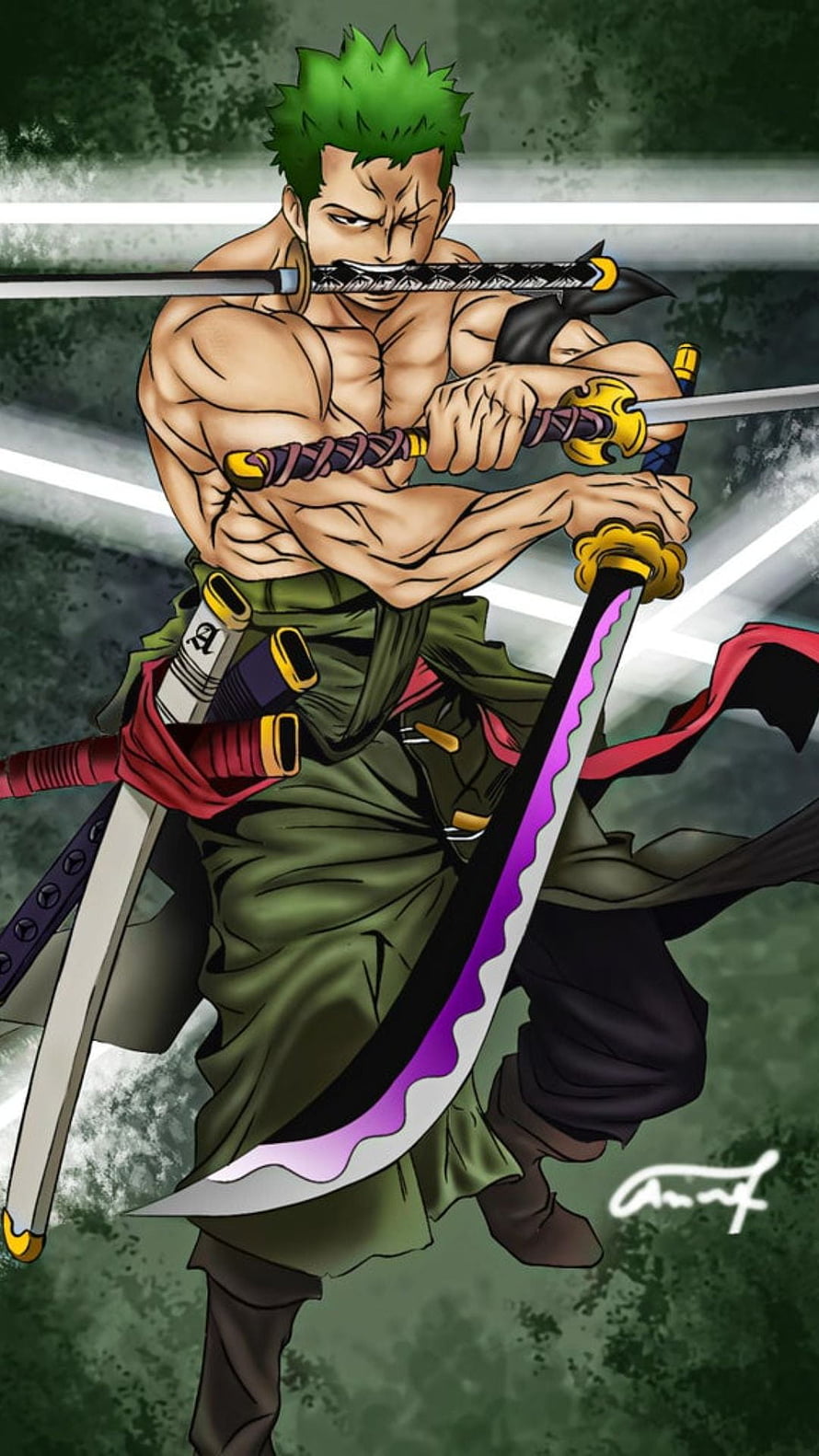 Roronoa Zoro Three-Sword Style Battle Pose Anime Illustration HD phone wallpaper