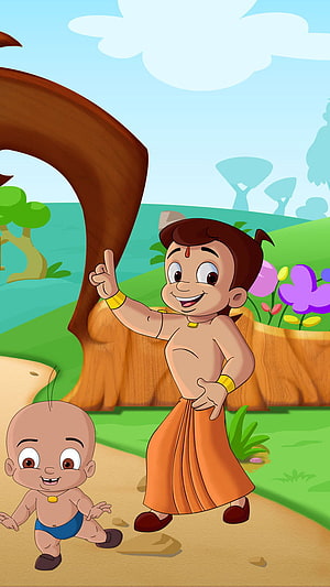 Chhota Bheem and Raju Walking Together in a Colorful Cartoon Landscape HD phone wallpaper