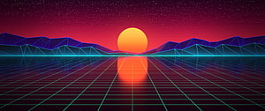 Retro Synthwave Sunset Over Neon Grid Landscape With Low Poly Mountains HD wallpaper